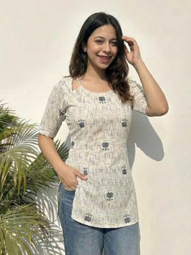 Image of ANNI Designer Women's Viscose Blend Printed Short Kurti | Straight Fit Casual Ethnic Top | Square Neck 3 /4 Sleeve Kurta Office College