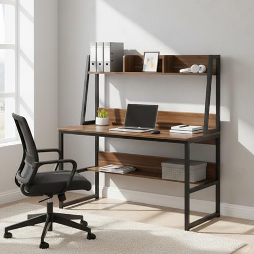 Image of Amazon Brand - Solimo Computer Desk with Hutch | Home Office Desk with Space-Saving Design & Bookshelf | Ideal for Small Spaces | TBS Tower - Asian Walnut | DIY Installation