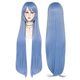 IMEYLE Blue Striaght Long Wig with Side Bangs for Anime Women Cosplay 42 Inch Light Blue Wig for Women Girls Peluca Azul Long Straight Wig with Bangs Synthetic Wig for Halloween Costume Party + Wig Cap