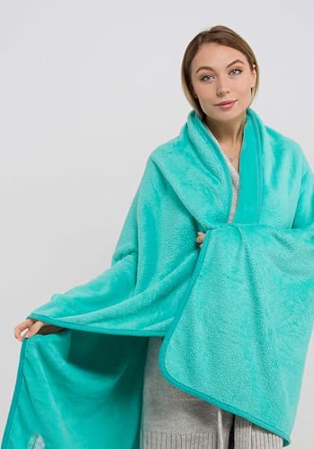 Image of BlueHills Premium Soft Travel Blanket Pillow Airplane Blanket Packed in Soft Bag Pillowcase with Hand Luggage Belt and Backpack Clip, Compact Pack Large Warm for Any Travel (Teal Green T006)