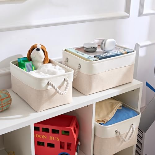 Mangata Aufbewahrungsbox Stoff,Klein Waschbare Aufbewahrungskorb, Korbe in Würfel für Schrank Regal und Kleidung(Hellbeige/Weiß, S, 1 Set)
