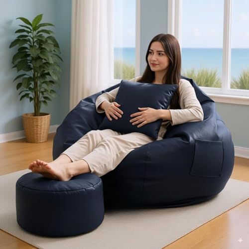 Image of Filled Bean Bag with Footstool N Cushion | Luxury Leatherette Bean Bag Chair for Adults & Kids | Comfortable, Durable, Stylish for Living Room, Bedroom, Gaming & Home Decor (Navy Blue, 4XL)