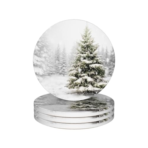 Winter Christmas Tree Pattern Coasters for Drinks Absorbent Round Ceramic Coasters Set of 4 Non-Slip Cup Coaster with Cork Base for Coffee Table Drink Home Decor Tabletop Protection
