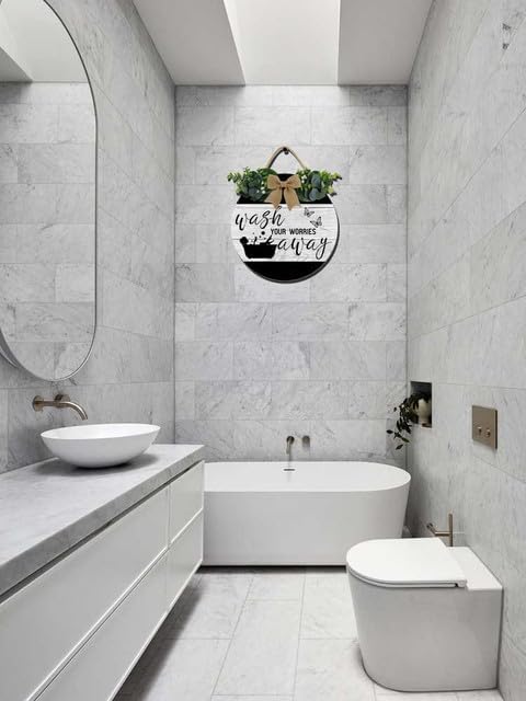 Bathroom Decor Wall Sign 12 * 12 Inch - Farmhouse Rustic Wooden Wreath Hanger | "Wash Your Worries Away"