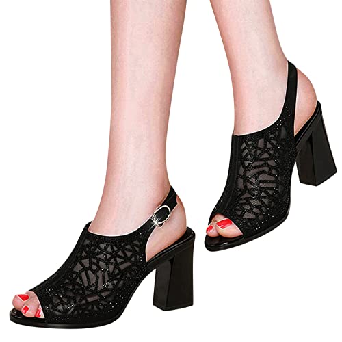 Aniywn Women Slingback Peep Toe Sandals Chunky High Heels Rhinestone Dress Sandals Ankle Strap Platform Pumps Shoes Black