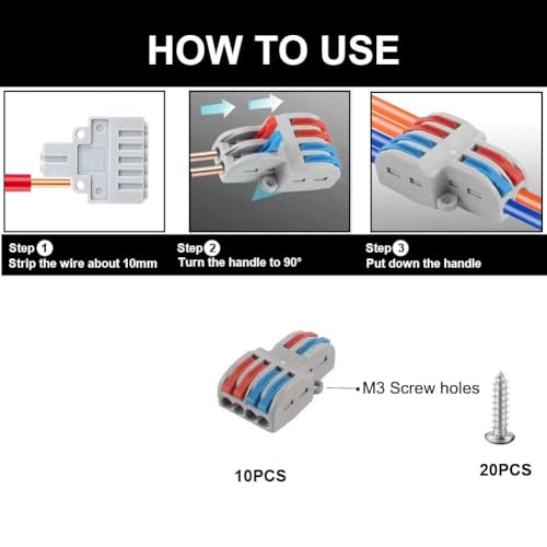 Image of ROBOWAY 10Pcs LT-422 Lever Wire Connector, 2 In 4 Out Push-in Lock Universal Terminal Block for 0.08-4.0mm Electrical Wires, Compact Splicing Connector, Easy Reusable Wiring Terminal (Pack of 10)