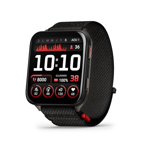 Garmin Venu X1. Montre connectée GPS avec écran AMOLED 2″, Lampe LED, boîtier Ultra Fin de 8 mm, Plus de 100 Sports intégrés, jusqu'à 8 Jours d'autonomie, Bracelet en Nylon ComfortFit Noir.