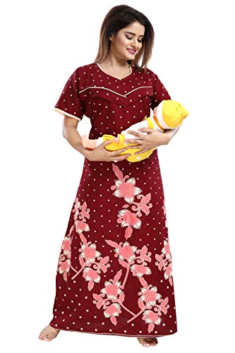 TUCUTE Women's Cotton Printed Maxi Feeding Nighty (Cotton V feeding, Maroon, X-Large)