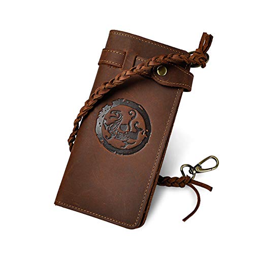 Retro Genuine Leather Bifold Wallet for Men with Removable Chain Checkbook Organizer Design (Brown,M)