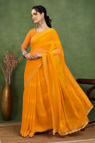 Image of MIRCHI FASHION Saree for Woman Georgette Solid with Satin Stripes | Stone Border Farewell and Ceremonial Sari with Blouse Piece