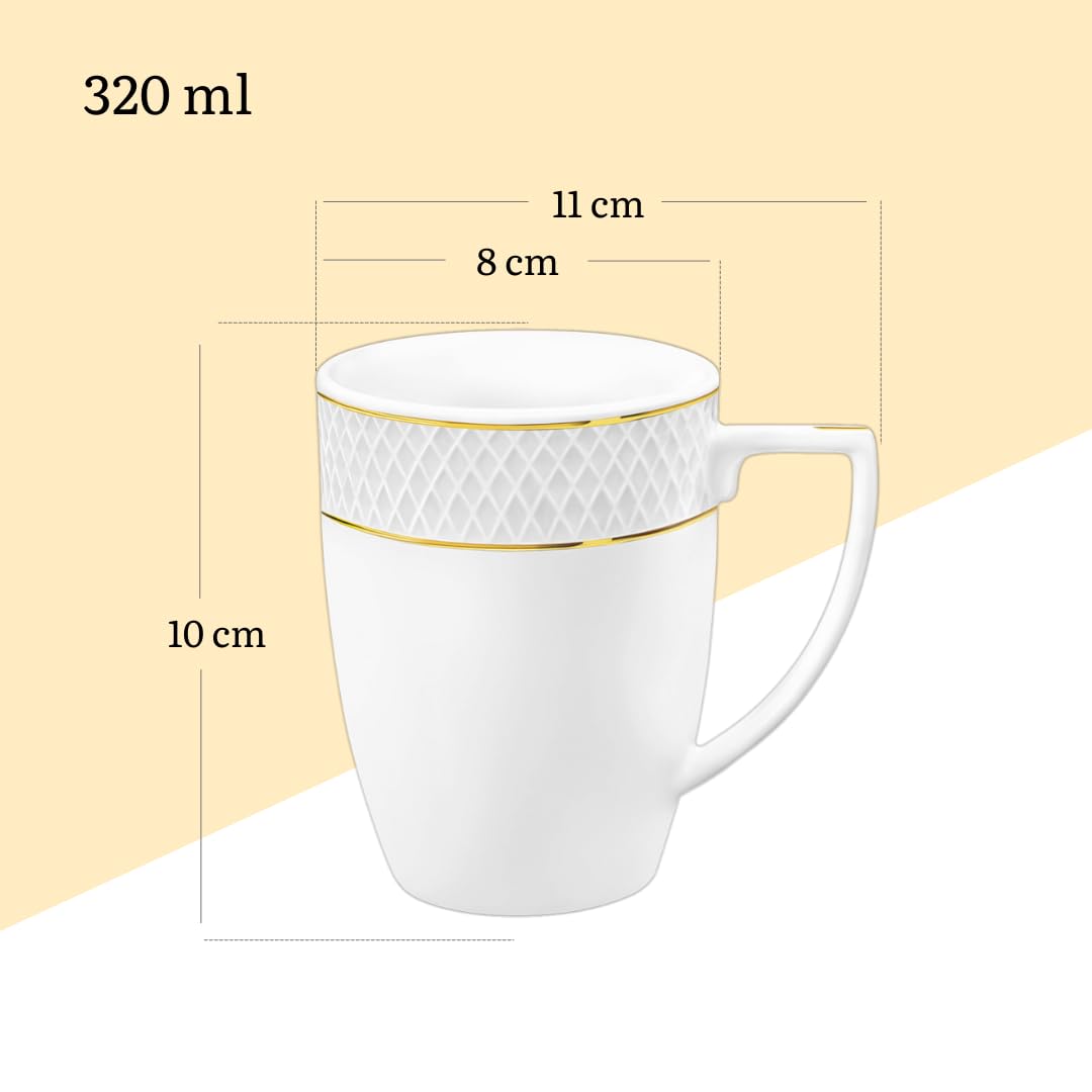 Wilmax - Teetassen & Kaffeetassen 6er Set - 320ml - Kaffeebecher Porzellan mit Goldmuster - Becherset - Tasse für Tee, Kaffee, Cappuccino - Porzellantassen mit Griffen - Weiß