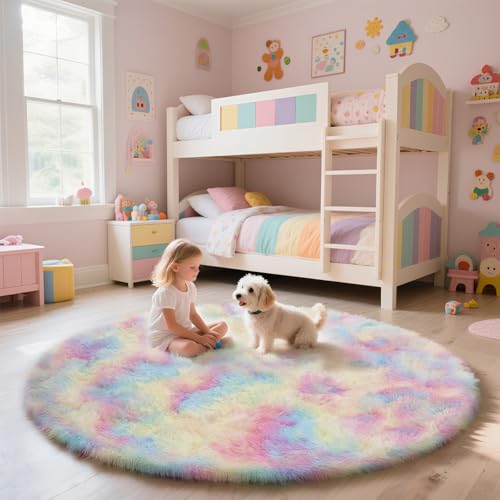 Rainbow Fluffy Round Area Rugs for Bedroom,5'X5'Shag Circle Area Rugs for Girls Room,Non Slip Fuzzy Plush Rug for Kids Room Living Room and Dorm Home Decor Rug