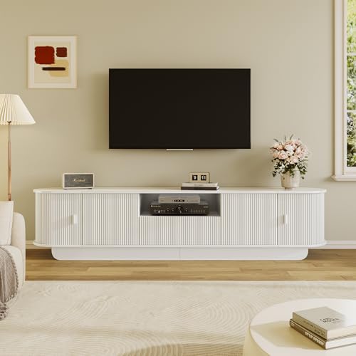 86.61'' Tambour TV Stand for 55-85 Inch, Modern Entertainment Center with Large Storage Cabinet & Open Shelves, TV Console with Sliding Doors for Living Room, Bedroom, White