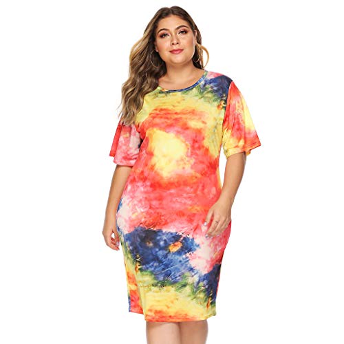 T-Shirt Dress for Women Plus Size O-Neck Half Sleeve All-Over Dye Print Straight Casual Dress (XXXXL, Multicolor)