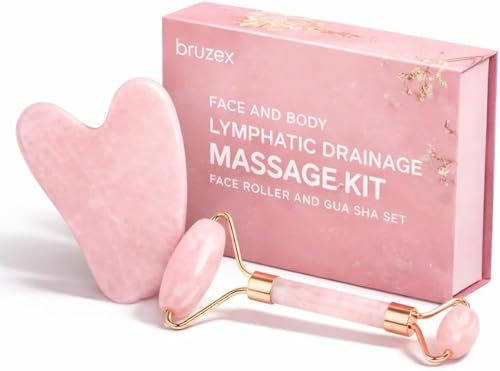 Image of Bruizex Lymphatic Drainage Face Massager Set: Rose Quartz Face Roller & Gua Sha Facial Tool for Lymphatic Massage, Muscle Tension Relief, Skin Care, for Lymphatic Massage Oil, Serum & Face Cream