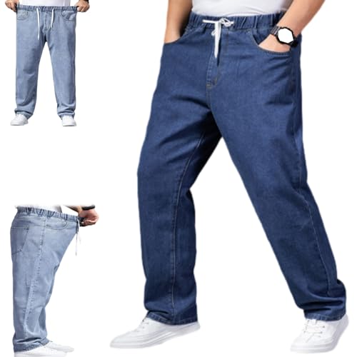 Seniors Mens Pull On Denim Jeans with Elastic Waist, Mens Casual Solid Drawstring Baggy Straight Leg Jean Sweatpants