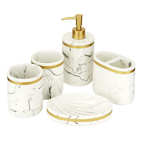 Gelory Bathroom Accessory Sets 5 Pcs, Resin Housewares Marble Bathroom Accessories, with 1Soap Dispenser, 2 Gargle Cups,1 Soap Dishes,1 Toothbrush Holder (White) Cover