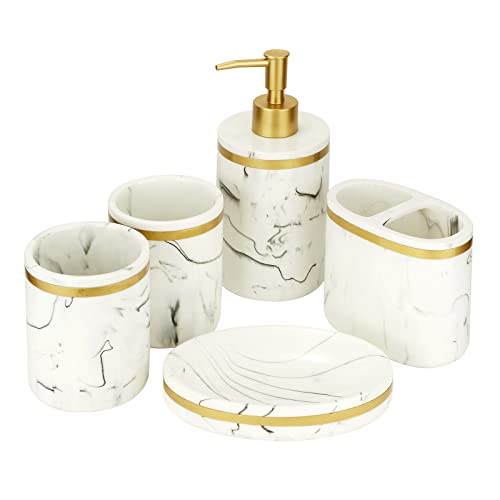 Gelory Lot de 5 accessoires de salle de bain en résine, accessoires de salle de bain, avec 1 distributeur de savon, 2 gobelets, 1 porte-savon, 1 porte-brosse à dents (blanc)