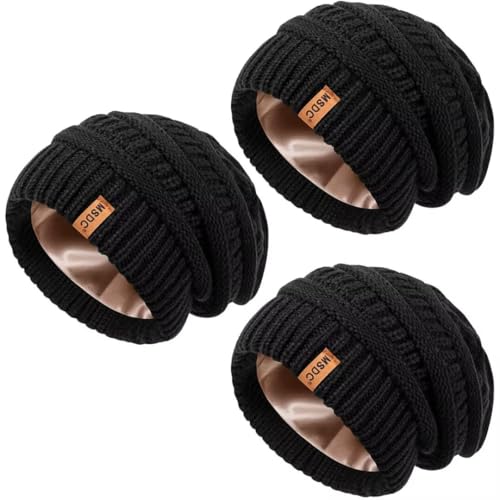3 Pack Satin Lined Beanie for Women, Warm Slouchy Winter Hats with Silk Lined, Fashionable Oversized Cable Knit Hat Skull Cap Black, Black, Black