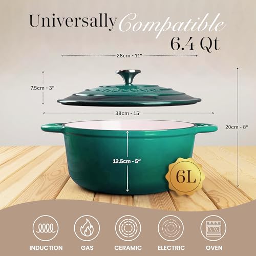 Image of Nuovva Enamelled Cast Iron Dutch Oven Pot with Lid-6.4 Quart Non Stick Casserole Pot-Heavy Duty & Oven Safe up to 500 F for Bread Baking, Braising, Stews, Roasting - 28cm Dark Green