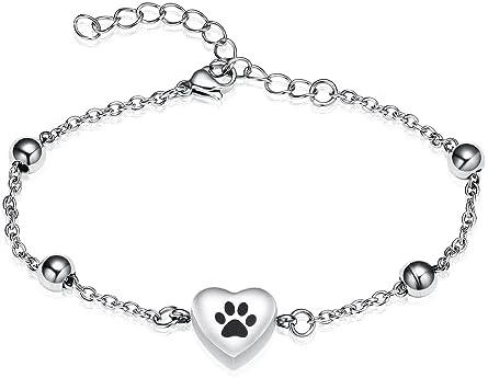 Pet Paw Urn Bracelet for Ashes Adjustable Heart Cremation Bracelet for Pets Ashes Stainless Steel Dog Cat Cremation Jewelry Memorial Keepsake Bangle
