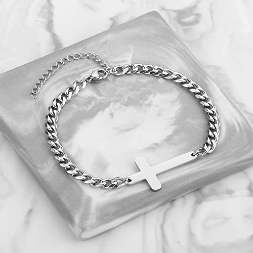 Ailetop Cross Bracelet For Men Boys,Stainless Steel Silver Cross Bracelet For Men Boys Adjustable 5Mm Cuban Bracelet For Men Silver Chain Bracelet For Men Mens Chain Bracelets Jewelry Gifts For Men #TOP3