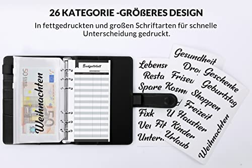 KONVINIT Budget Planner Deutsch Budget Binder A6,Budgetplaner Geldumschläge Umschlagmethode Sparen,Sparbuch mit Folien,Geld Organizer mit Budgetbogen,Etiketten,schwarz