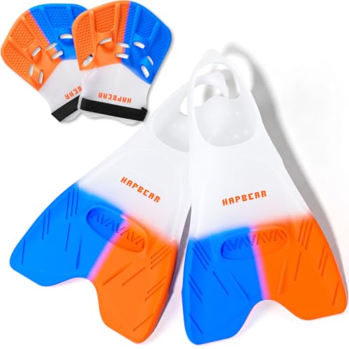 HAPBEAR Swim Fins with Hand Paddles for Kids, Youth & Adults – Adjustable Short Blade Swim Training Fins, Swimming Flippers Set for Lap Swimming, Technique, Strength & Endurance Training