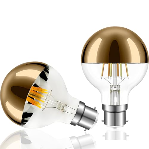Vanpus 6W B22 LED Decorative Bulb - Flicker-Free, Warm White Light (2700K), Handcrafted Semi-Electroplated Gold Top, CRI > 90, Dimmable, Diameter 8cm (2-Pack)