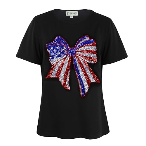 Image of PESION Womens Short Sleeve T-Shirt Sequined Tops O-Neck Funny Graphic Tees Blouse