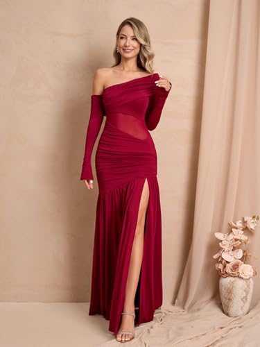 Women One Shoulder High Slit Maxi Dress Ruched Bodycon Cutout Long Sleeve Formal Wedding Guest Dresses3