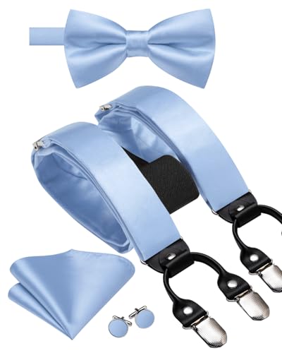 Image of Hi-Tie Men Suspender Bowtie Set Suspenders Pre-tied Bow Tie Pocket Square Cufflinks Adjustable Y Shape 6 Clips Braces Tuxedo