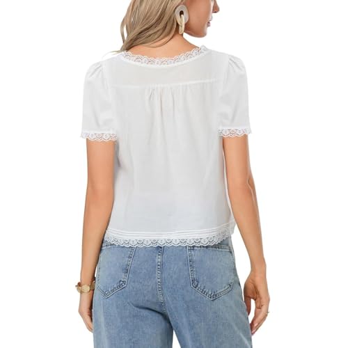 Women Tie Front Lace Trim Top Short Sleeve Semi Sheer Button up Shirt Y2k Ruffle Flowy Boho Blouse3