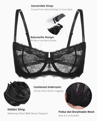 Image of HACI Women's Lace Mesh Balconette Bra Sheer Demi Scoop Neck Sexy Unlined | Underwire, see through, adjustable strap