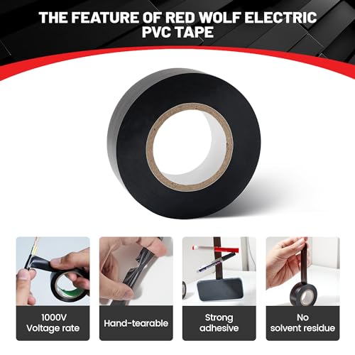Image of RED WOLF Electrical Tape 1 inch x 66FT Acrylates Copolymer Viscosity Flexibility Electric Tape, Flame Retardant Waterproof 1000 Volt for Auto Engine Industrial Wrapping Wiring Harness 5 Packs