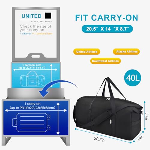 Carry on luaggage 22x14x9 Airlines Approved, Foldable Travel Duffel Bags Weekender Overnight Carry on Duffel Luggage Gym Duffle Bag with Wet Pocket & Shoe Compartment for Women Men(Black, 40L)3