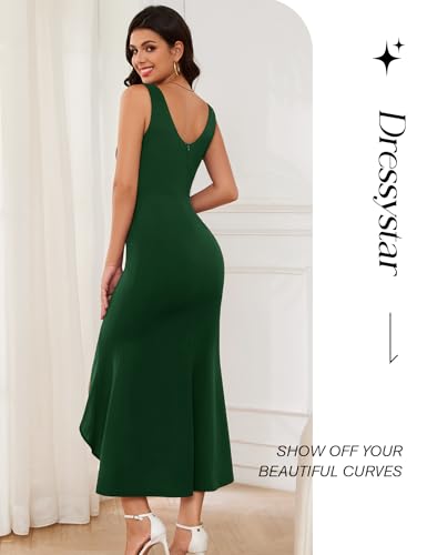 Image of Dressystar 2026 Women's Square Neck Bodycon Sleeveless Cocktail Dresses | wedding guest dresses for women, midi length, formal party dress, soft breathable stretchy material, slit ruffle hem design