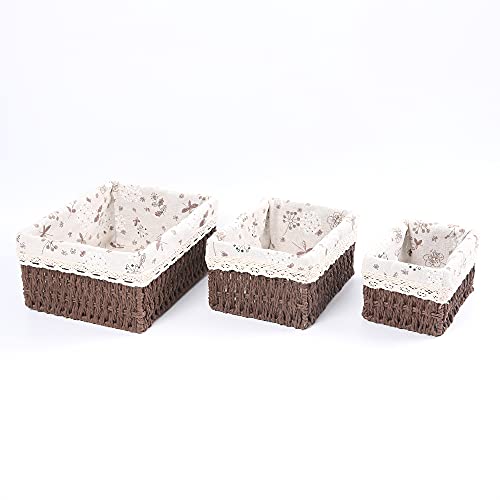 Yrhome Storage Baskets Set Of 3,Decorative Paper Rope Woven Storage Baskets With Liner,Rectangular Storage Bins Container For Makeup Bedroom Shelves Organizing,Home Deco, Brown #TOP2