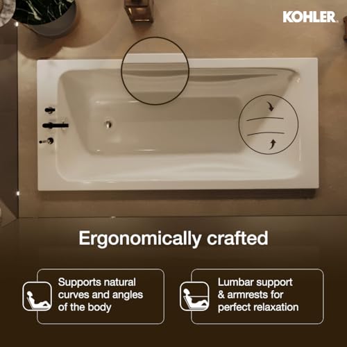 Image of Kohler Reach Bath tub for bathroom | Drop-in Acrylic Bathtub with Lumbar Support | Ergonomically-Crafted for Small & Medium Bathrooms | White, 1500mm