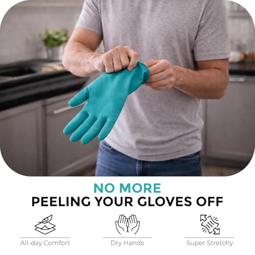 Image of LADWA Premium Rubber Cleaning Gloves, Green Color Reusable Waterproof Household Gloves for Kitchen Cleaning, Dishwashing, Gardening and Bathroom Use with Comfortable Fit (Pack of 2 Pairs)
