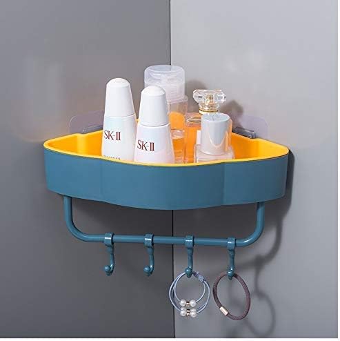 SANTINA 1 Pc Multipurpose Plastic Corner Bathroom Shelf Wall Storage Rack with Magic Sticker Towel Holder with 4 Hook for Kitchen - Random Color