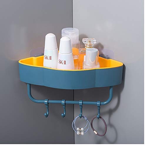 SANTINA 1 Pc Multipurpose Plastic Corner Bathroom Shelf Wall Storage Rack with Magic Sticker Towel Holder with 4 Hook for Kitchen - Random Color