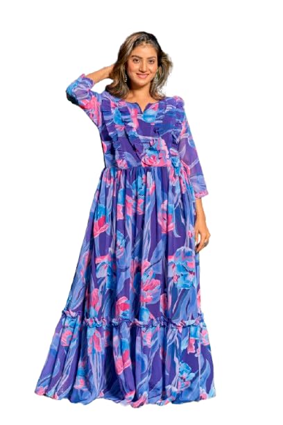 Women’s Floral Printed Georgette Long Gown Dress | V Neck | 3/4th Sleeve Flared Gown | Soft Lining | Party & Casual Wear-image-46