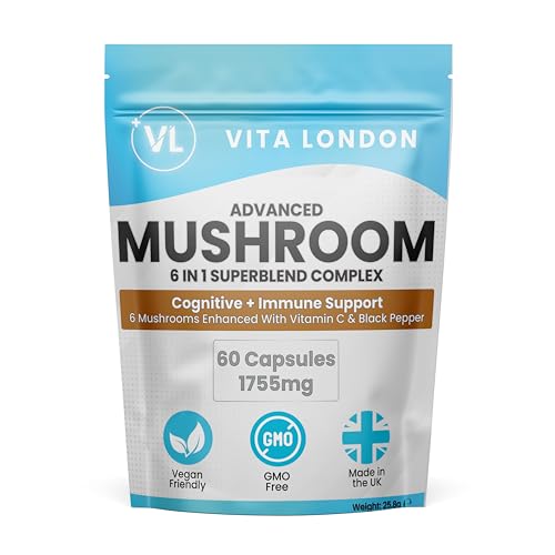6 in 1 Advanced Mushroom Complex High Strength Lions Mane Chaga Reishi Cordyceps Shiitake & Maitake Cognitive & Immune Support Supplement with Vitamin C 60 Vegan Capsules UK Made