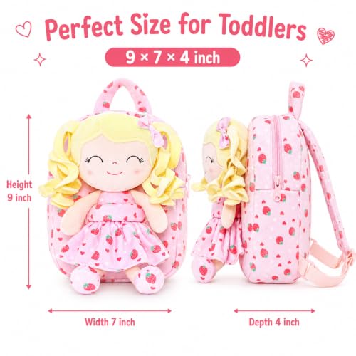 Image of Gloveleya Toddler Backpack Baby Girl Gifts Curly Hair Plush Figures Dress Backpack Kids Backpack Curly Spring Girl Fruit - Strawberry 9inches