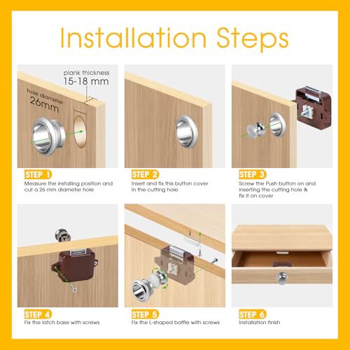 SUPAWAY Pack of 2 Push Button Locks, Cabinet Lock Catch, Locking Drawers Pressure Lock, Keyless Metal Push Button Lock, Brown Button Catch Lock for RV, Yachts, Drawers, Cabinet Doors - Image 4