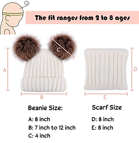 Simplicity Kids Winter Beanie Hat And Scarf Set For Boys Girls Kids Thick Knitted Fleece Lined Pom Pom Skull Hat Cap With Scarf Pom Pom Hats For Girls With Scarf, White #TOP4