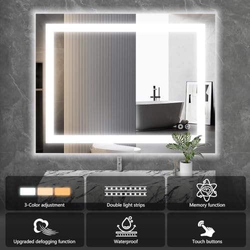 Image of NEWBULIG 32 inchx 40 inch LED Bathroom Mirror with Lights, Anti-Fog, Backlit + Front Lit, Lighted Bathroom Vanity Mirror for Wall, Memory Function, Dimmable, Tempered Glass, Shatter-Proof