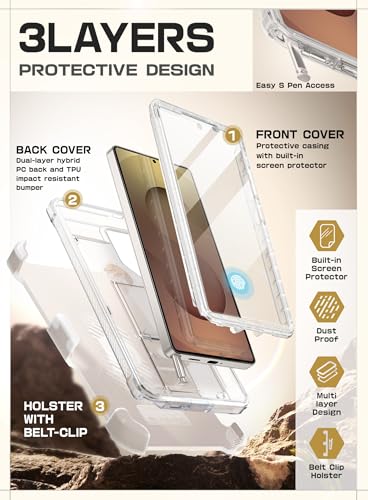 Image of SUPCASE for Samsung Galaxy S25 Ultra Case with Stand (Unicorn Beetle Pro), [2 Front Frames] [Built-in Screen Protector & Belt-Clip] Military-Grade Protection Phone Case for S25 Ultra 6.9 Inch, Clear