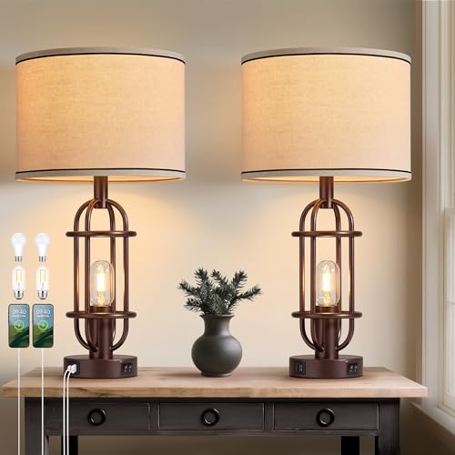 Reaketon Living Room Lamps Set of 2, 22.3' Farmhouse Table Lamp for Bedroom, Vintage Lamps for Night Stands with USB Ports, Oil Rubbed Bronze
